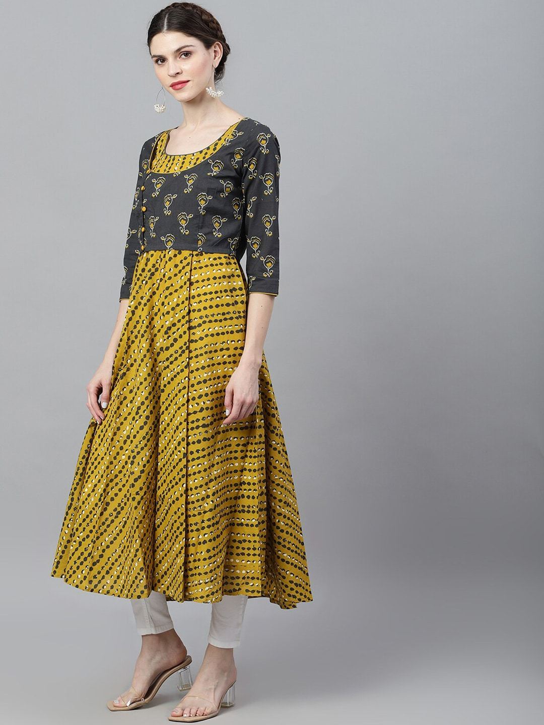 Women's  Mustard & Grey Dyed Anarkali Kurta