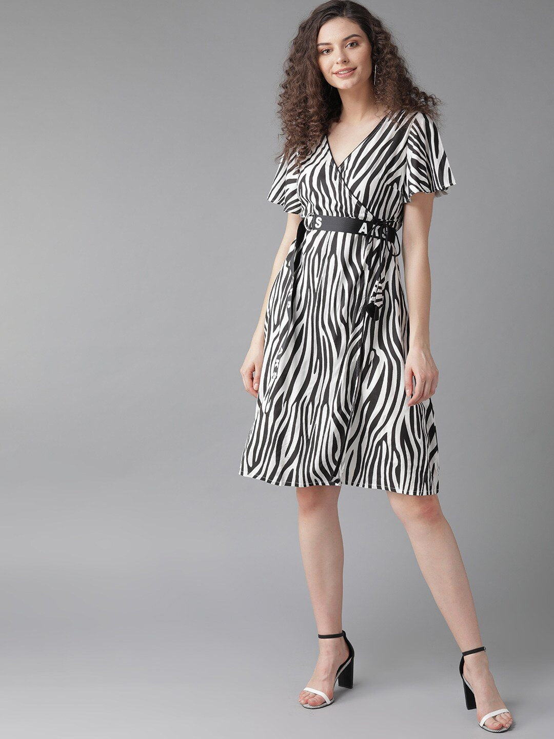 Women's  White & Black Animal Printed Wrap Dress