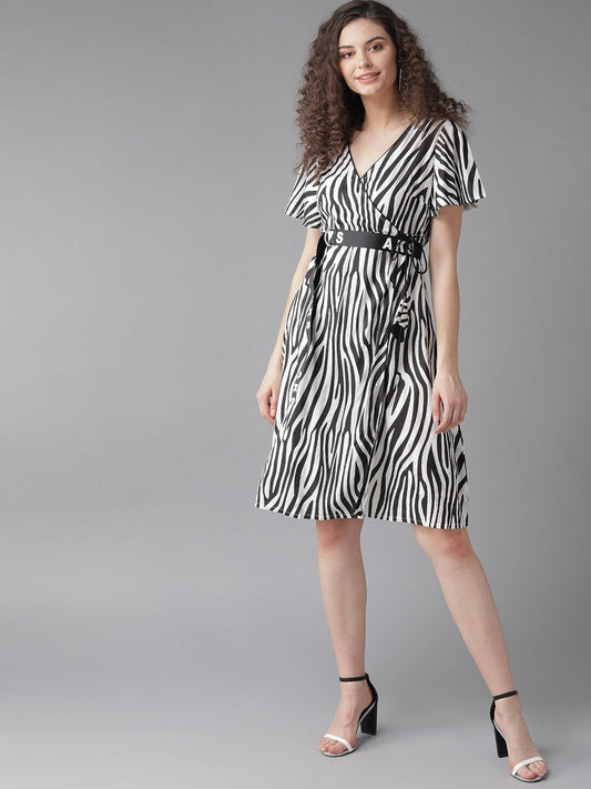 Women's  White & Black Animal Printed Wrap Dress