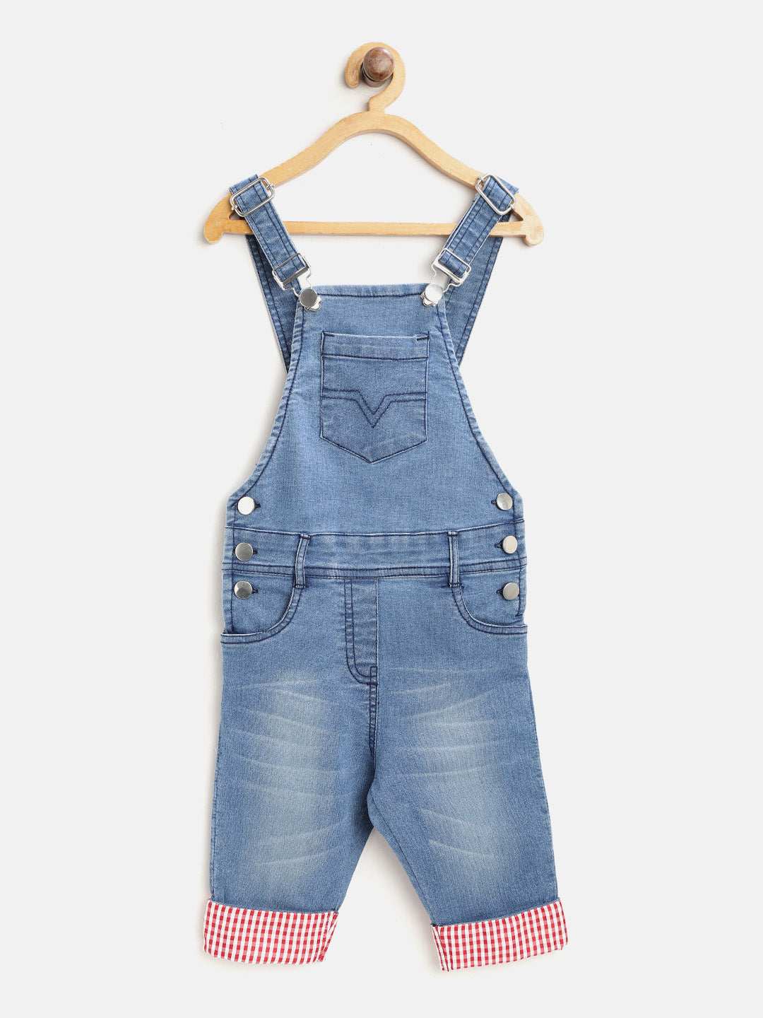 Gilr's Lycra Denim With Pink Roll Up 3/4Th Capri Dungaree - S