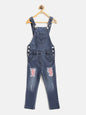 Gilr's Lycra Denim With Red Roll Up 3/4Th Capri Dungaree - S