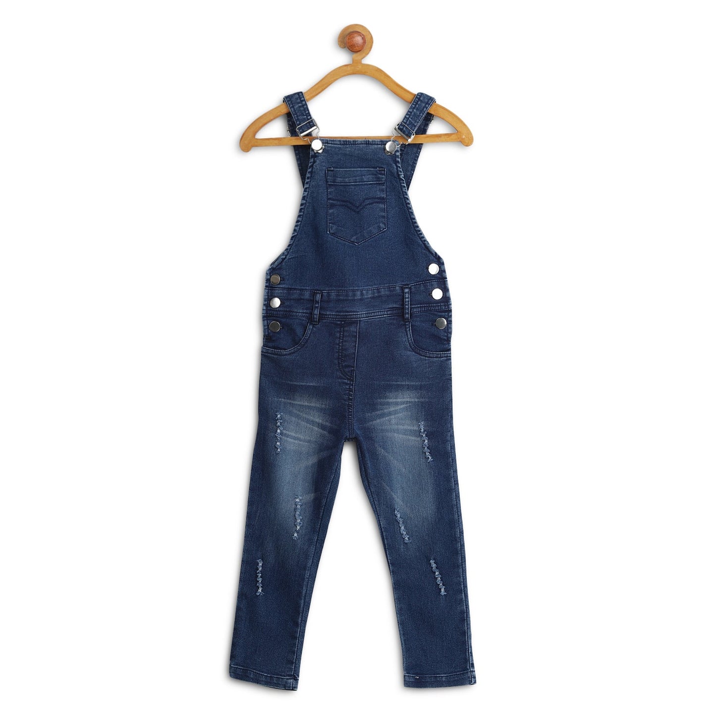 Girl's Lycra Denim Dungaree With Red Patch Distress - S