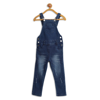 Girl's Lycra Denim Dungaree With Red Patch Distress - S