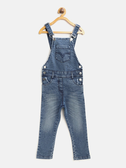 Girl's Lycra Denim Scratch Style Distressed Dungaree - S