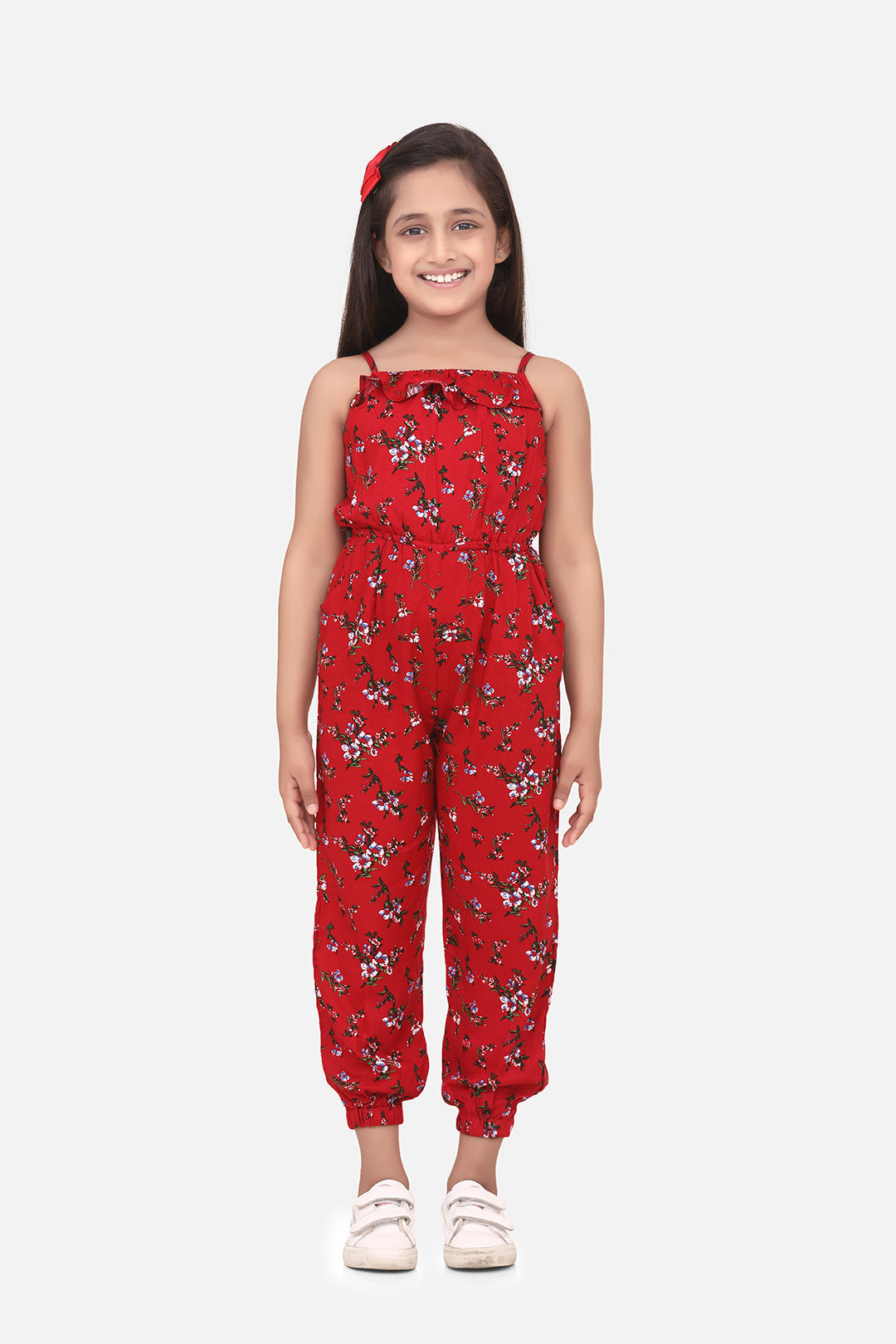 Girl's Multi Colored Leaf Print Rayon Jumpsuit - S