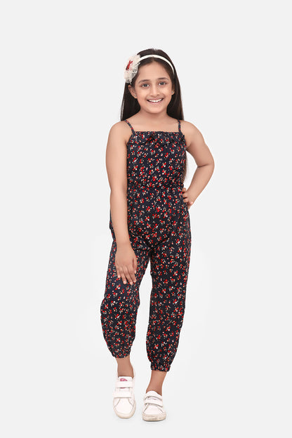Girl's Red Printed Rayon Jumpsuit - S