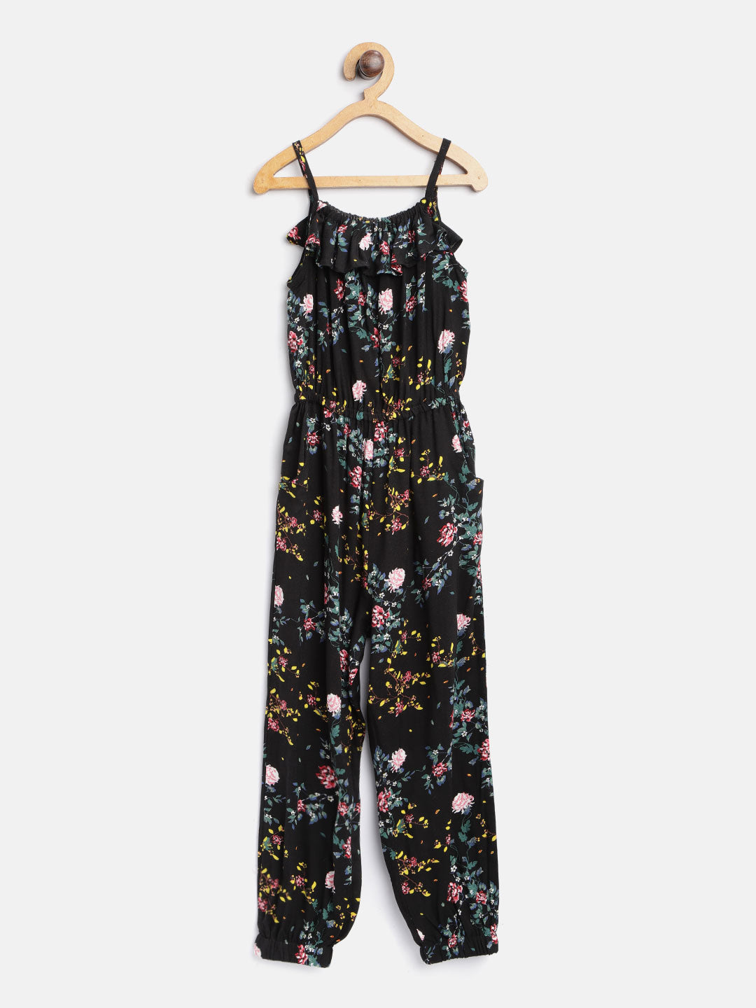 Girl's Red And Black Printed Rayon Jumpsuit - S