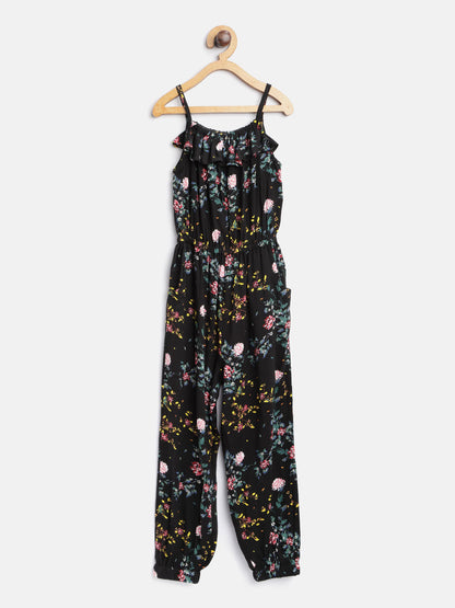 Girl's Red And Black Printed Rayon Jumpsuit - S