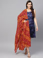 Women's  Navy Blue & Golden Printed A-Line Dress with Dupatta