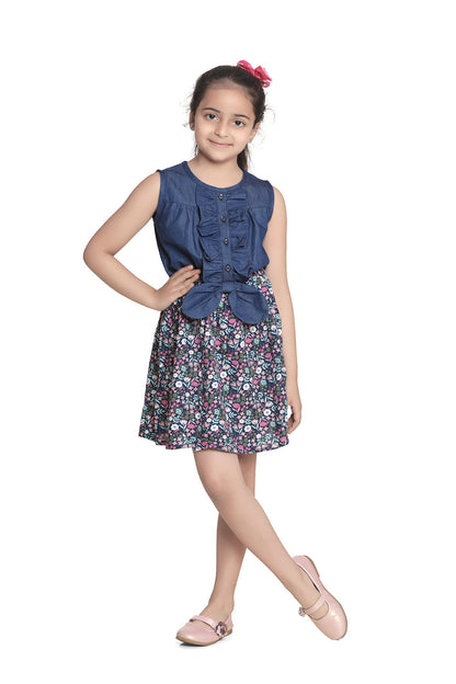 Girl's Denim And Floral Cotton Printed Dress - S