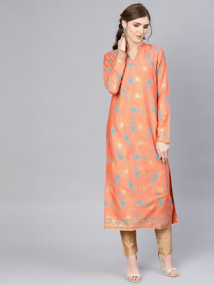 Women's  Peach-Coloured & Blue Printed Straight Kurta