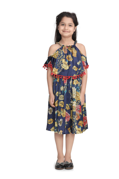 Girl's  Light Pink Floral Printed Satin Dress With Pom Pom Lace - S