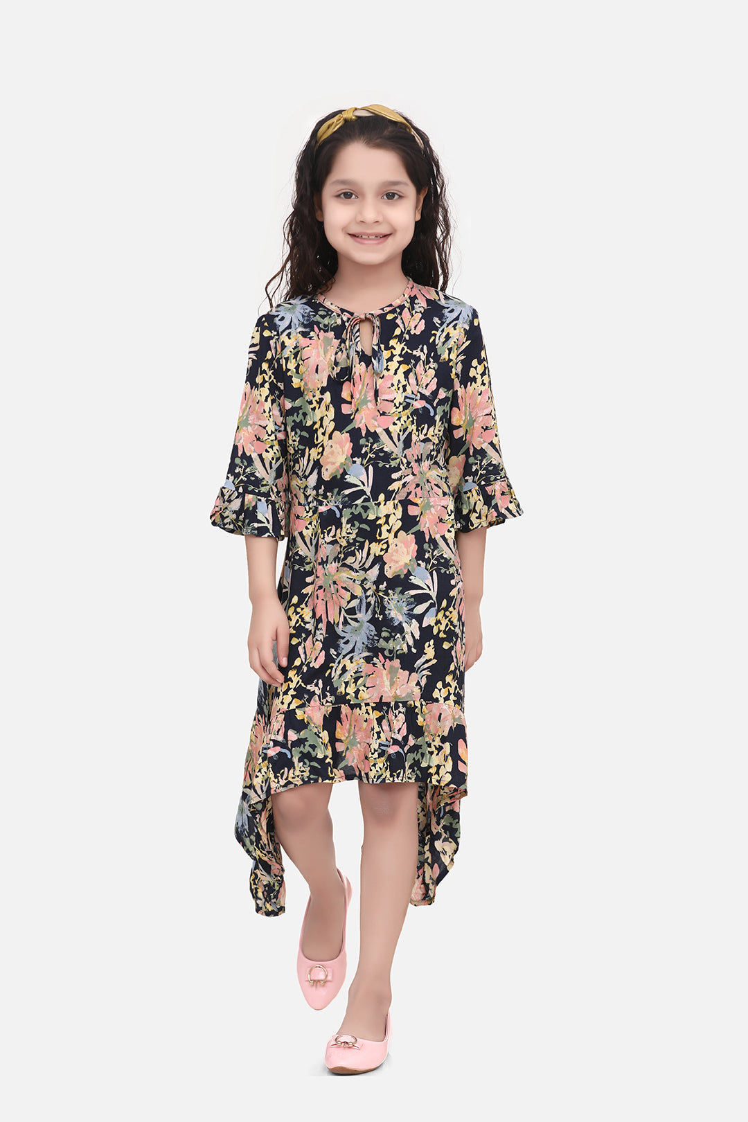 Girl's  Cotton Blue Stripe And Cherry Print Cold Shoulder Dress With Ruffle Sleeve - S
