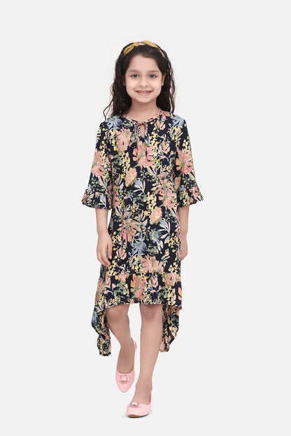 Girl's  Cotton Blue Stripe And Cherry Print Cold Shoulder Dress With Ruffle Sleeve - S