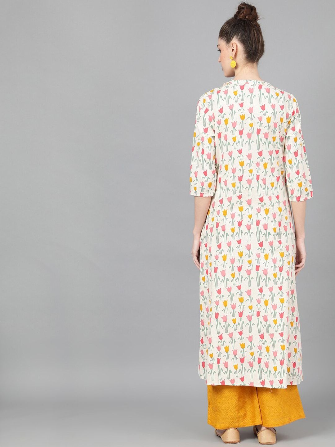 Women's  Off-White & Pink Floral Printed A-Line Kurta - AKS.C