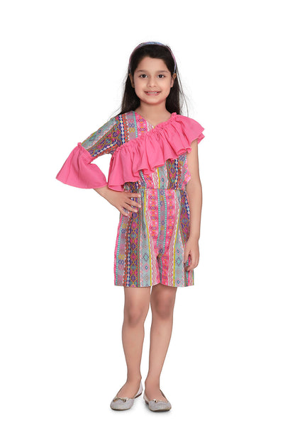 Girl's  Blue And Yellow Printed Jumpsuit With Shorts And Trail - S