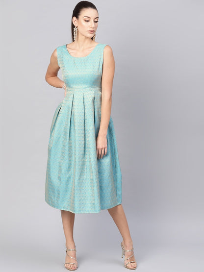 Women's  Blue & Golden Jacquard Midi Fit & Flare Dress
