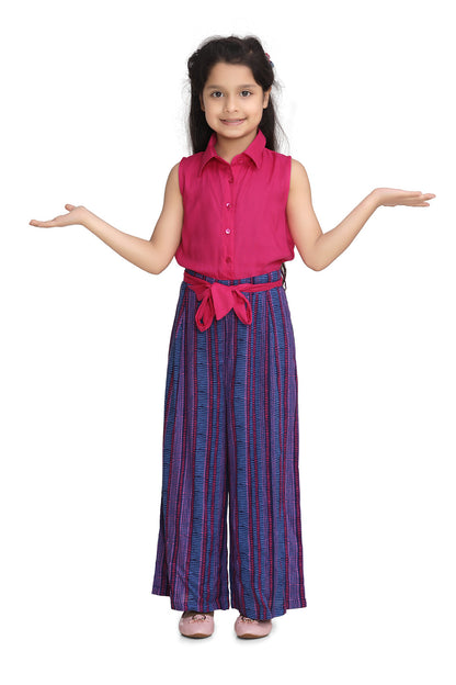 Girl's Yellow And Black Rayon Jumpsuit With Belt - S