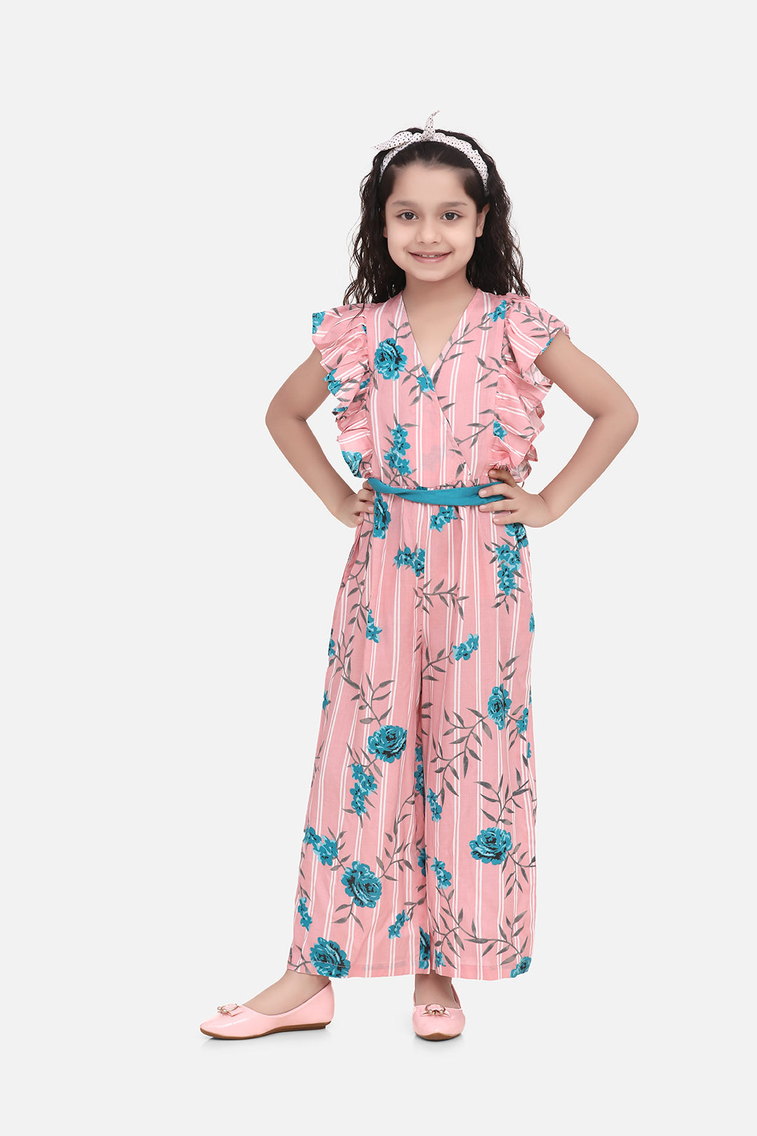 Girl's Cotton Yellow Floral Ruffle Sleeve Jumpsuit - S