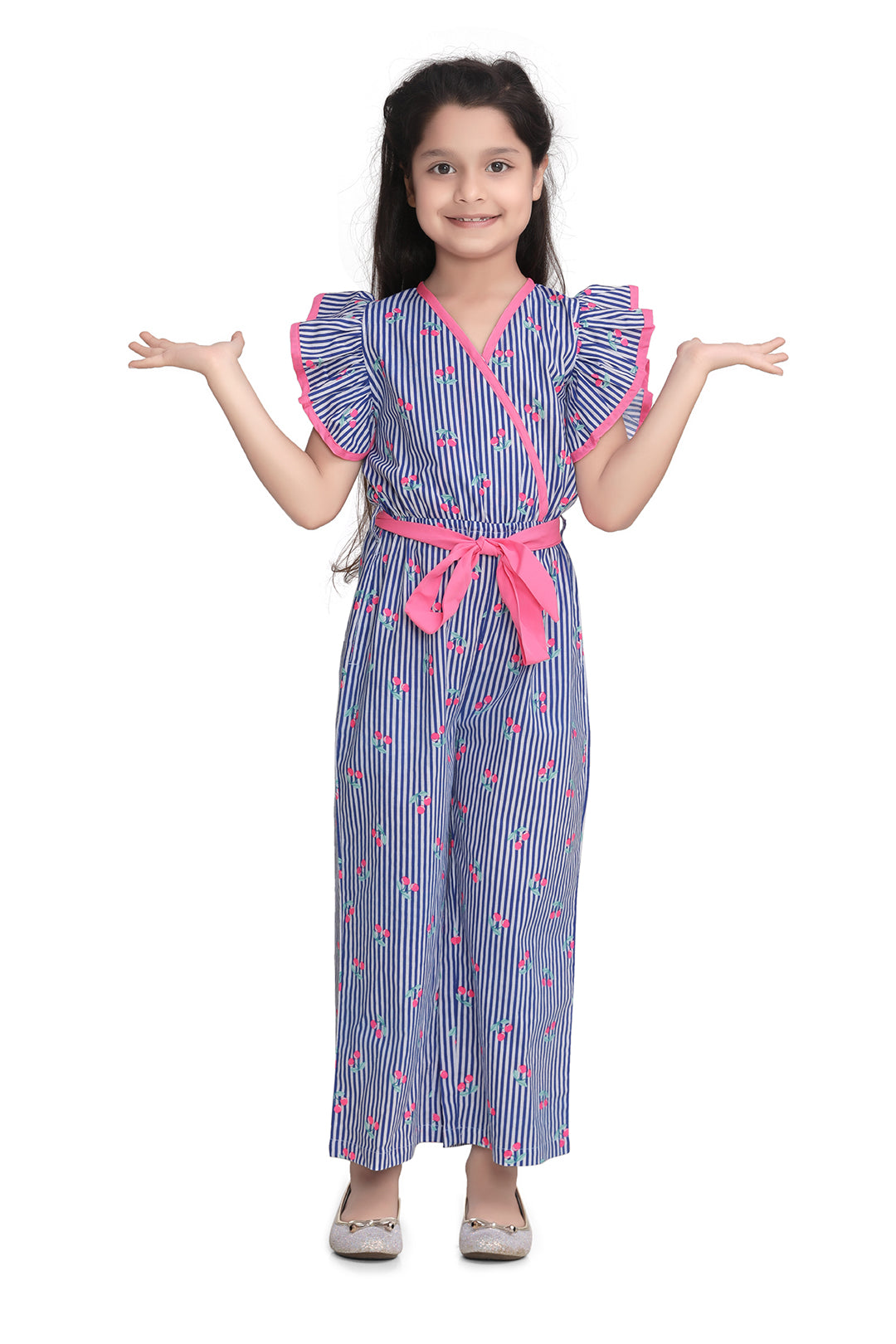 Girl's  Cotton Turquoise Floral Ruffle Sleeve Jumpsuit - S