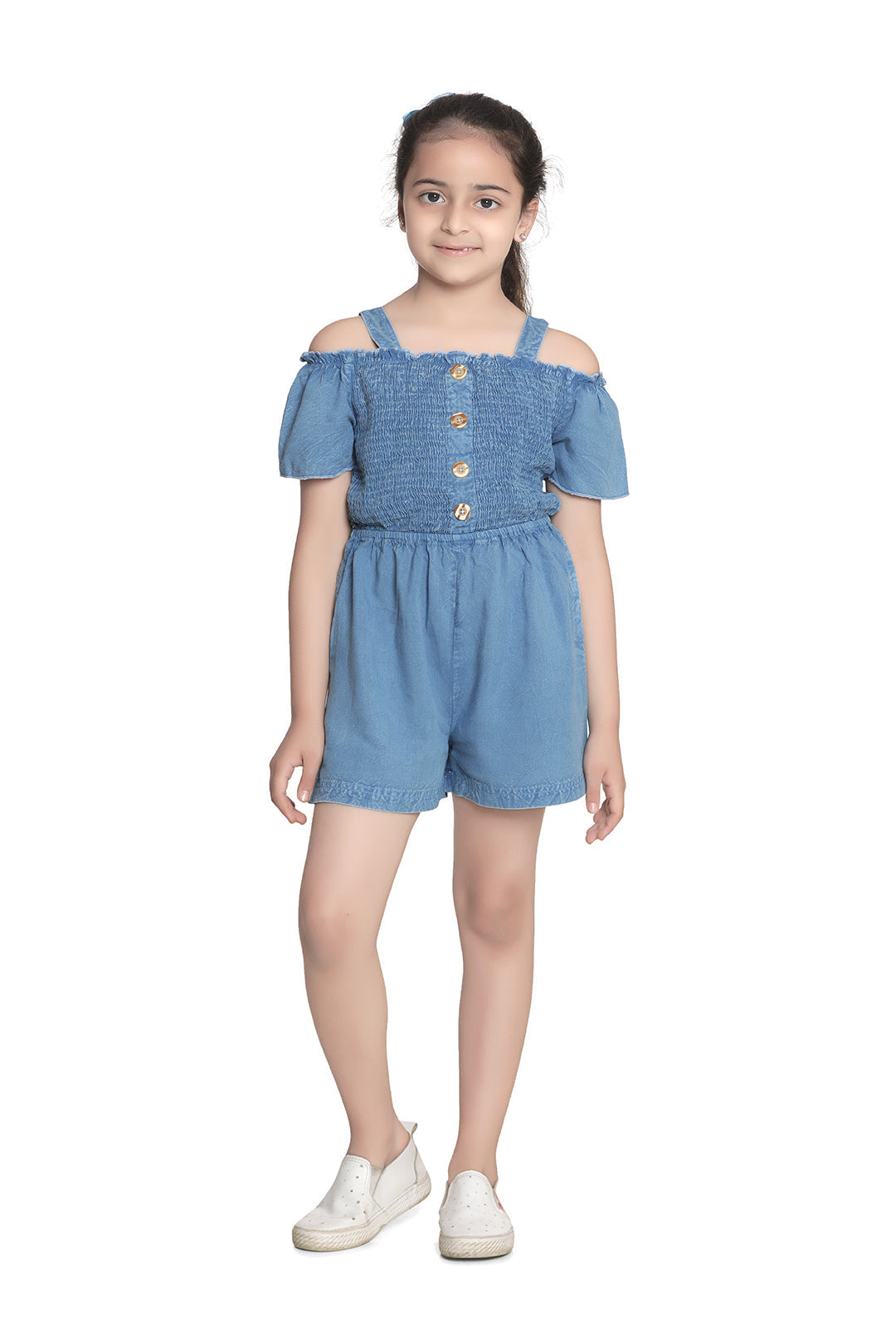 Girl's Cotton Yellow Butterfly Capri Style Jumpsuit - S