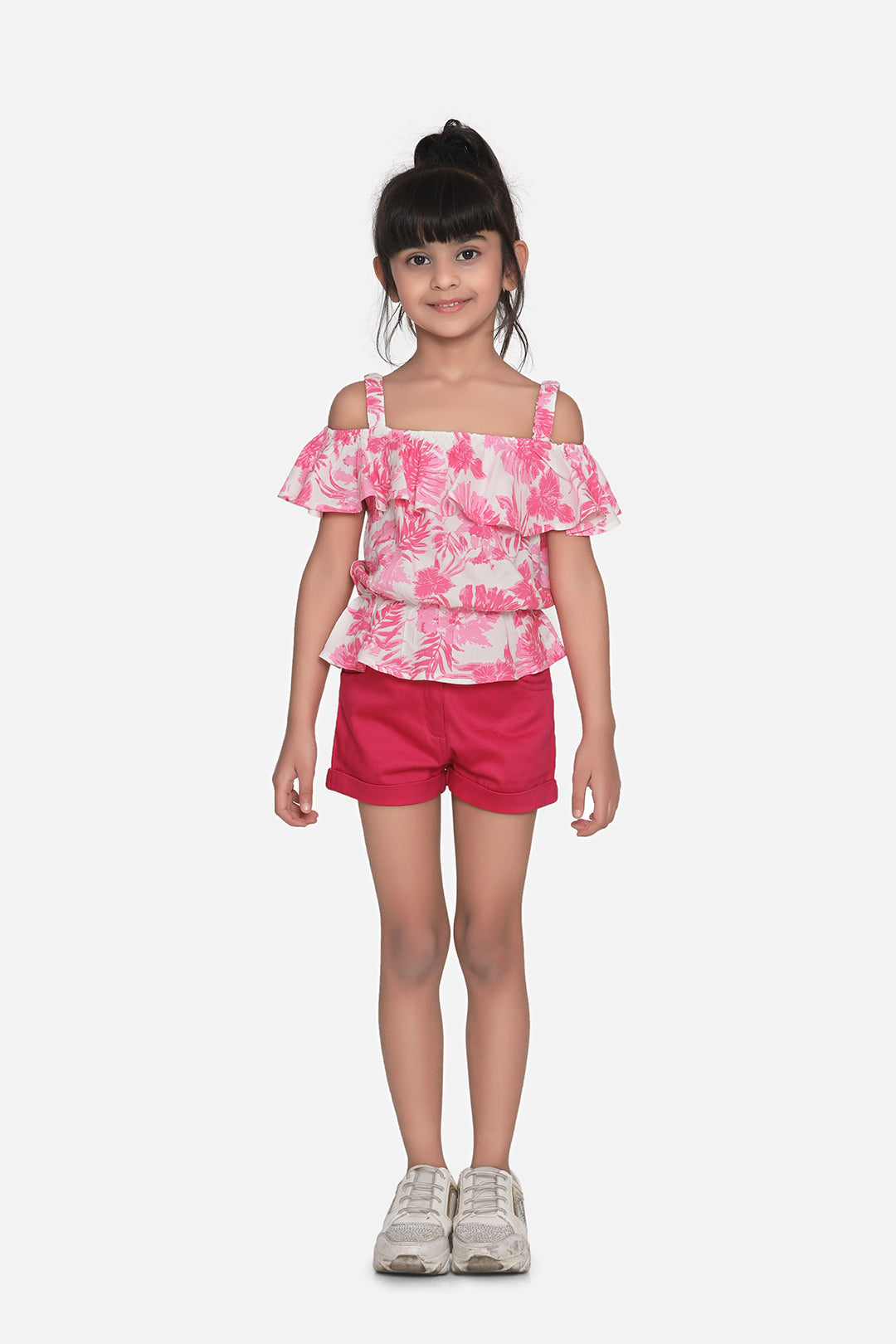 Girl's Rainbow Striped Top With Pink Shorts Set - S