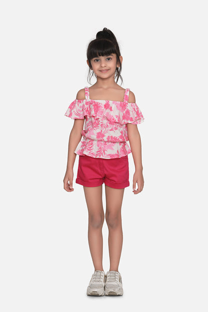 Girl's Rainbow Striped Top With Pink Shorts Set - S