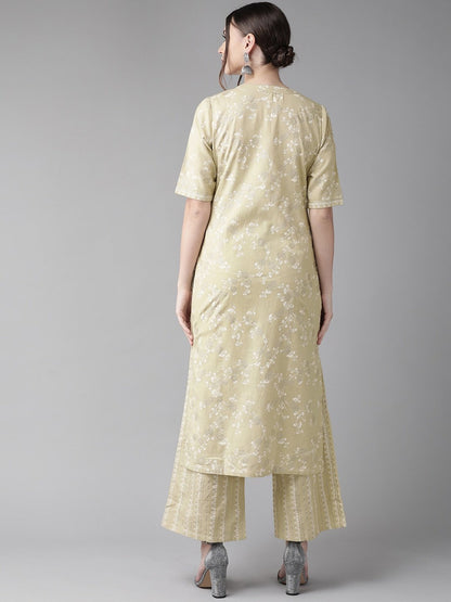Women's  Beige & White Printed Kurta with Palazzos