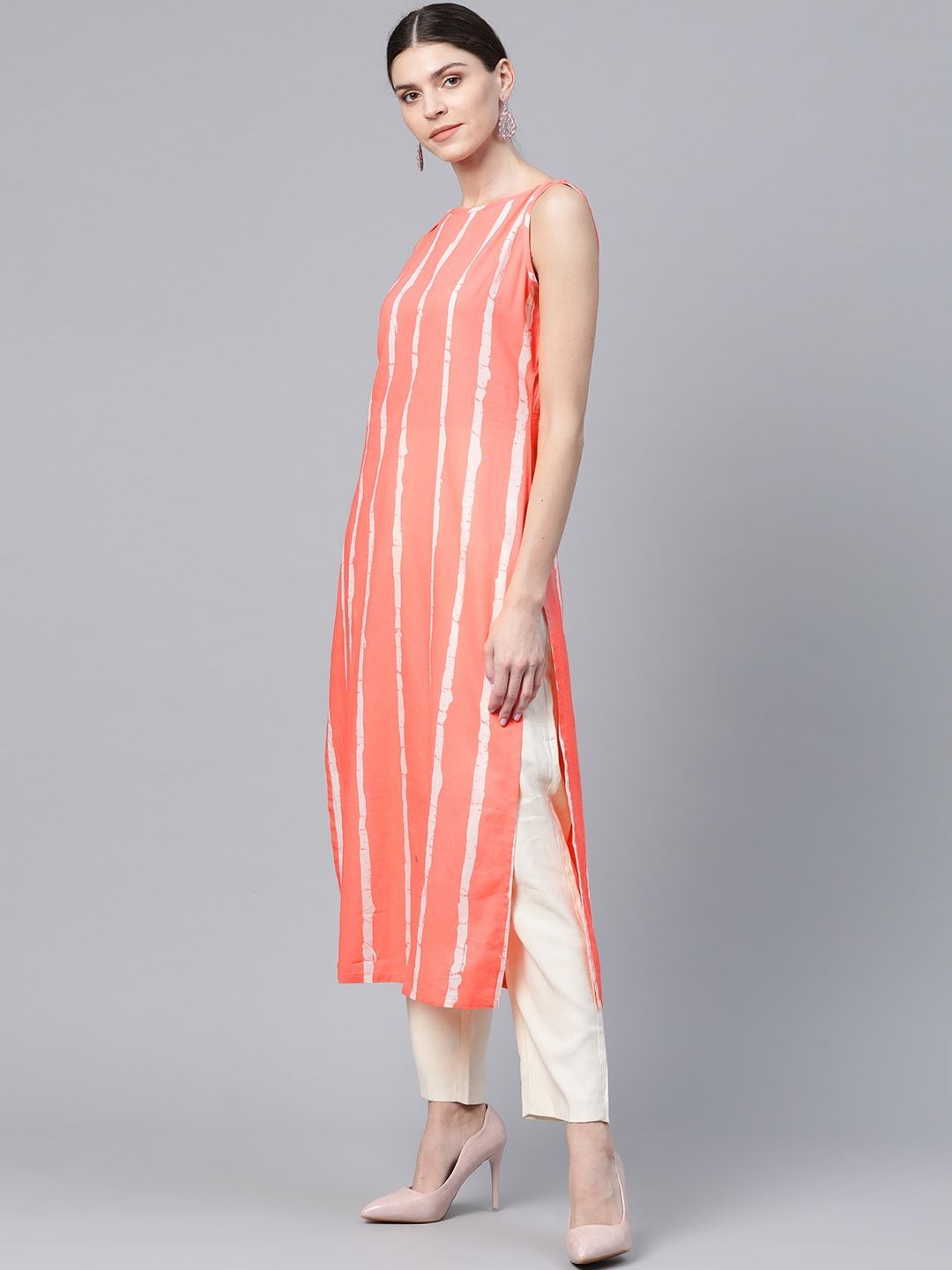 Women's  Coral Pink & White Leheriya Print Straight Kurta
