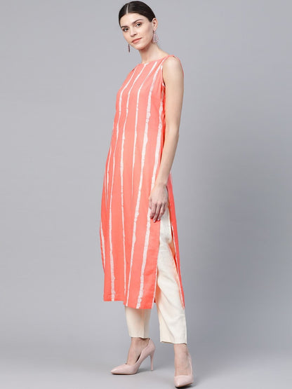 Women's  Coral Pink & White Leheriya Print Straight Kurta