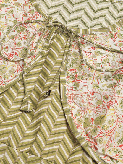 Women's  Green & Cream-Coloured Khari Print Layered A-Line Kurta
