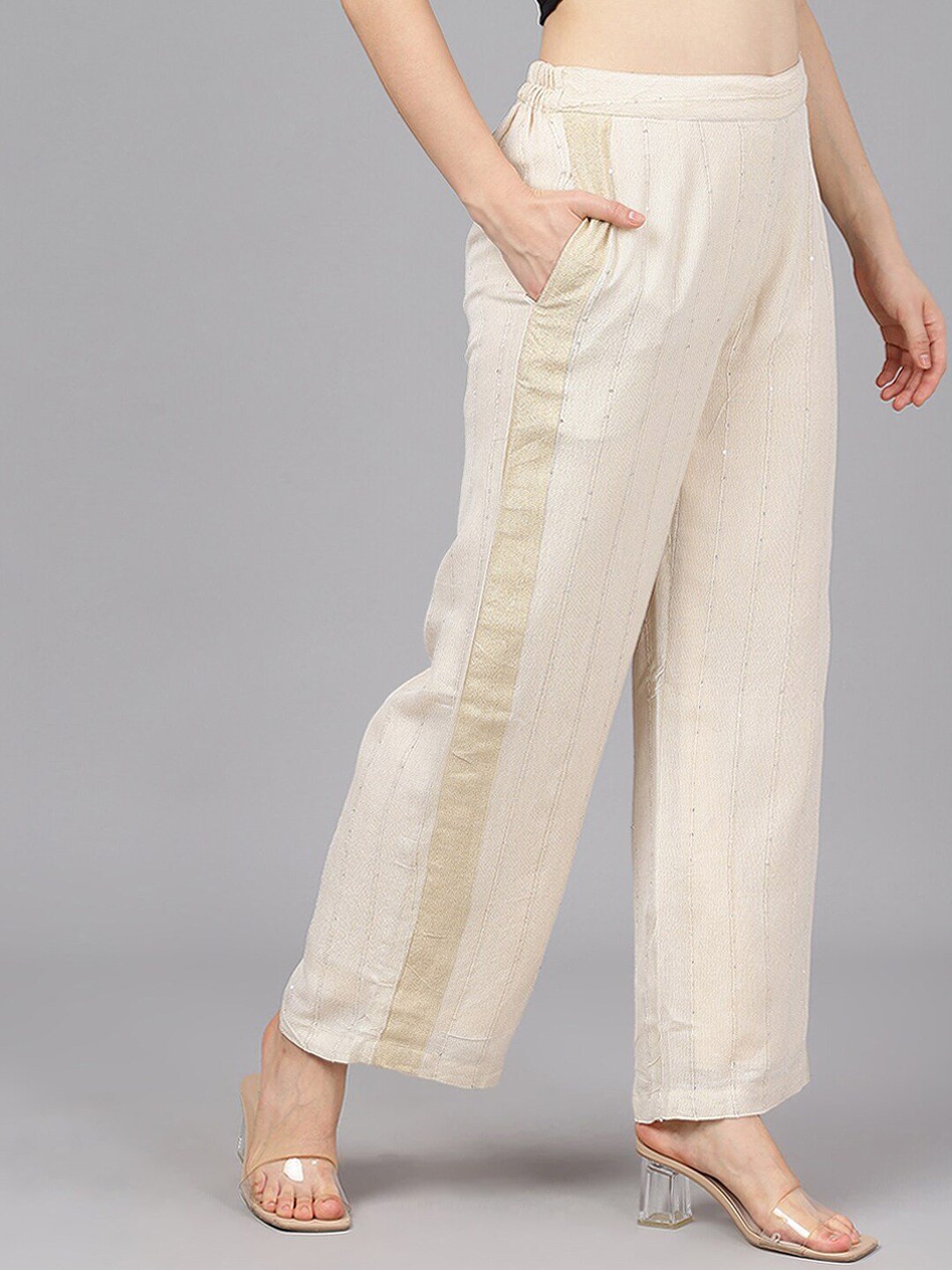 Women's  Cream-Coloured Striped Wide Leg Palazzos