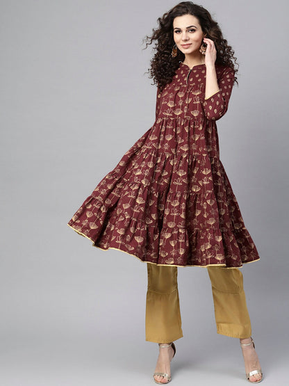Women's Maroon gold printed gathered kurta