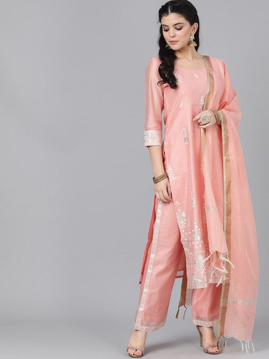 Women Peach Kurta with Trousers & Dupatta by AKS (3 P