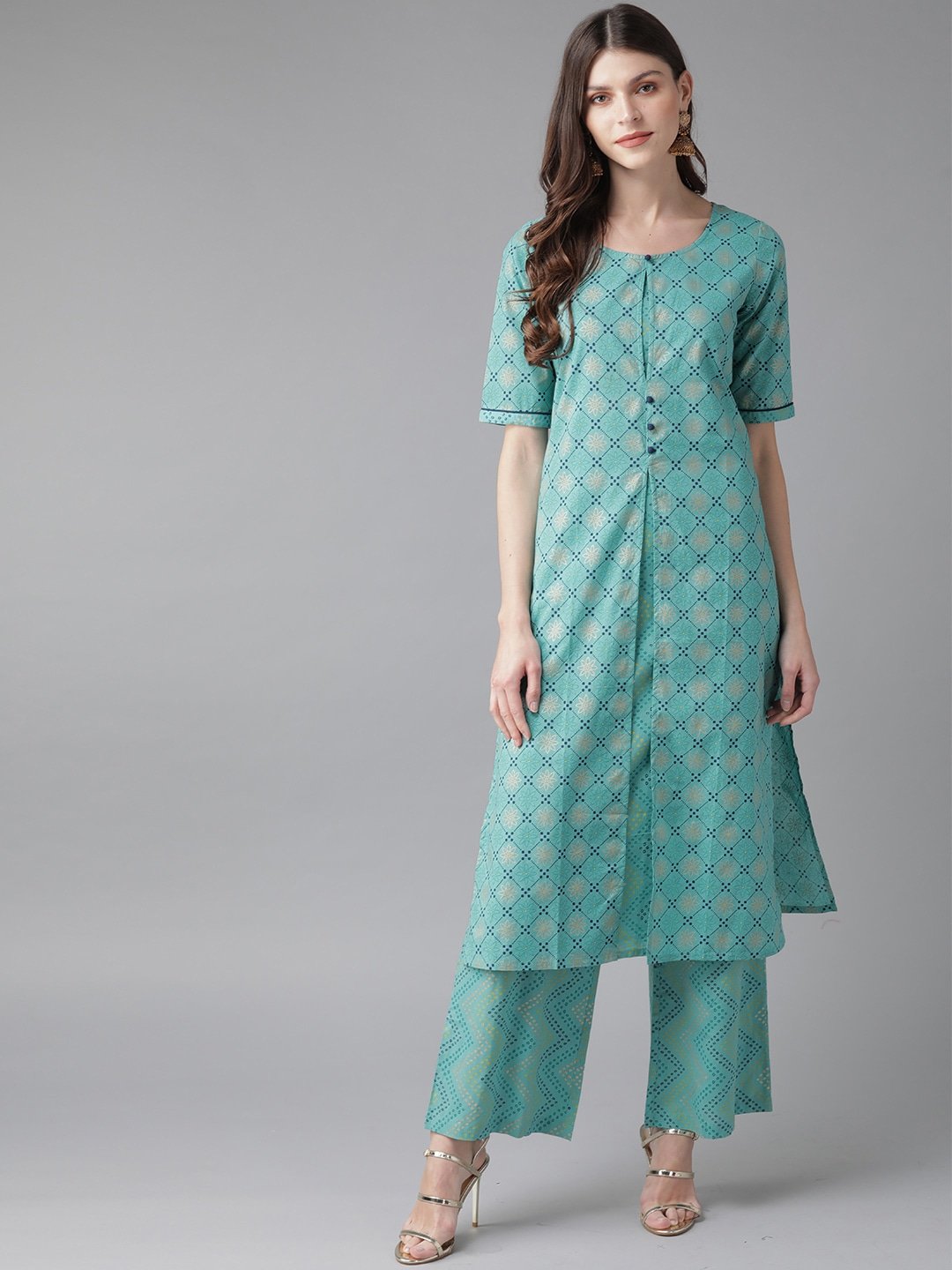 Women's  Blue & Golden Bandhani Printed Kurta with Palazzos
