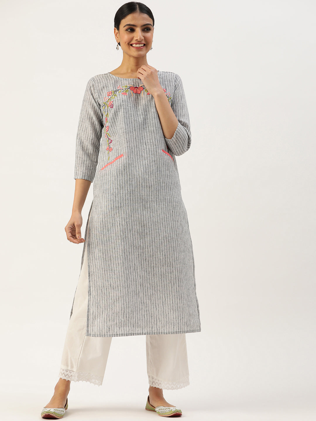 Women's Embroidered Cotton Blend Straight Kurta (Grey)