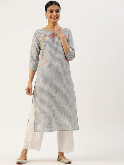 Women's Embroidered Cotton Blend Straight Kurta (Grey)