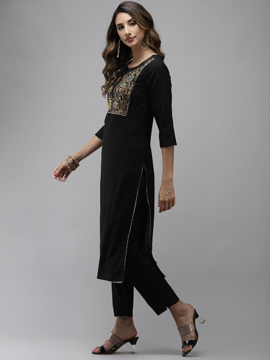 Women's Black Patch Work Kurta With Palazzo & Dupatta