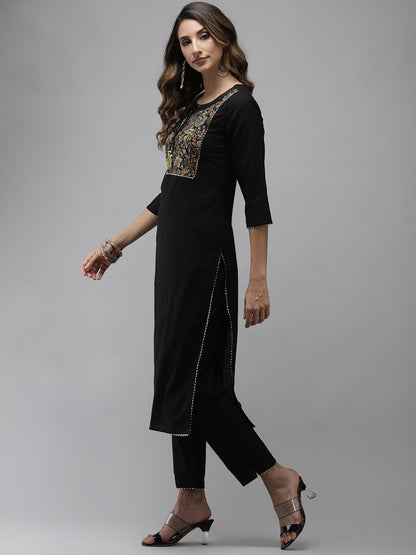 Women's Black Patch Work Kurta With Palazzo & Dupatta