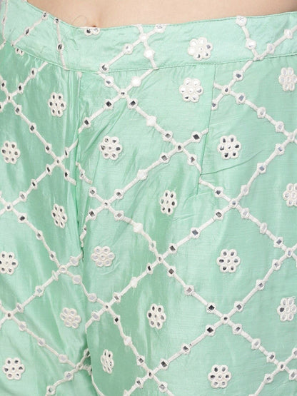 Women's White & Green Mirror Work Kurti With Sharara & Net Dupatta