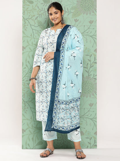 Women's Blue & White Floral Printed Cotton Kurta With Trousers & Dupatta