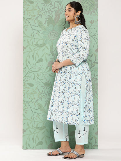 Women's Blue & White Floral Printed Cotton Kurta With Trousers & Dupatta