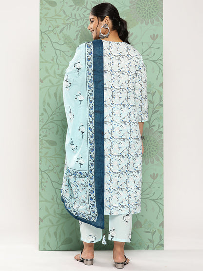 Women's Blue & White Floral Printed Cotton Kurta With Trousers & Dupatta