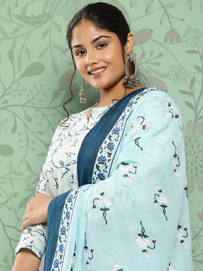 Women's Blue & White Floral Printed Cotton Kurta With Trousers & Dupatta