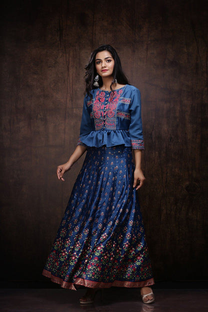 Women Teal Blue Lehenga Choli Set by Juniper
