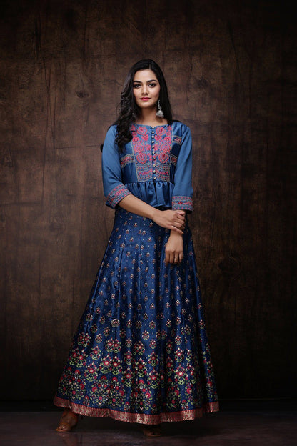 Women Teal Blue Lehenga Choli Set by Juniper