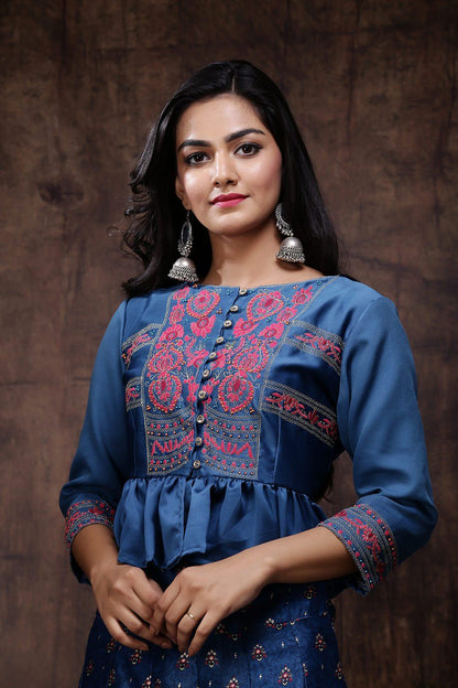 Women Teal Blue Lehenga Choli Set by Juniper