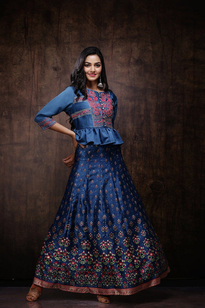 Women Teal Blue Lehenga Choli Set by Juniper