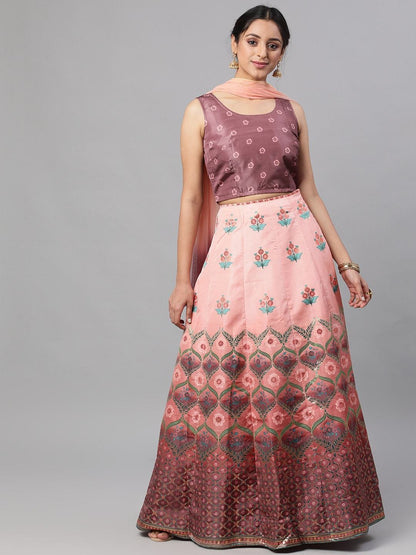 Women Brown & Peach Lehenga Choli With Net Dupatta Set by AKS (3 P