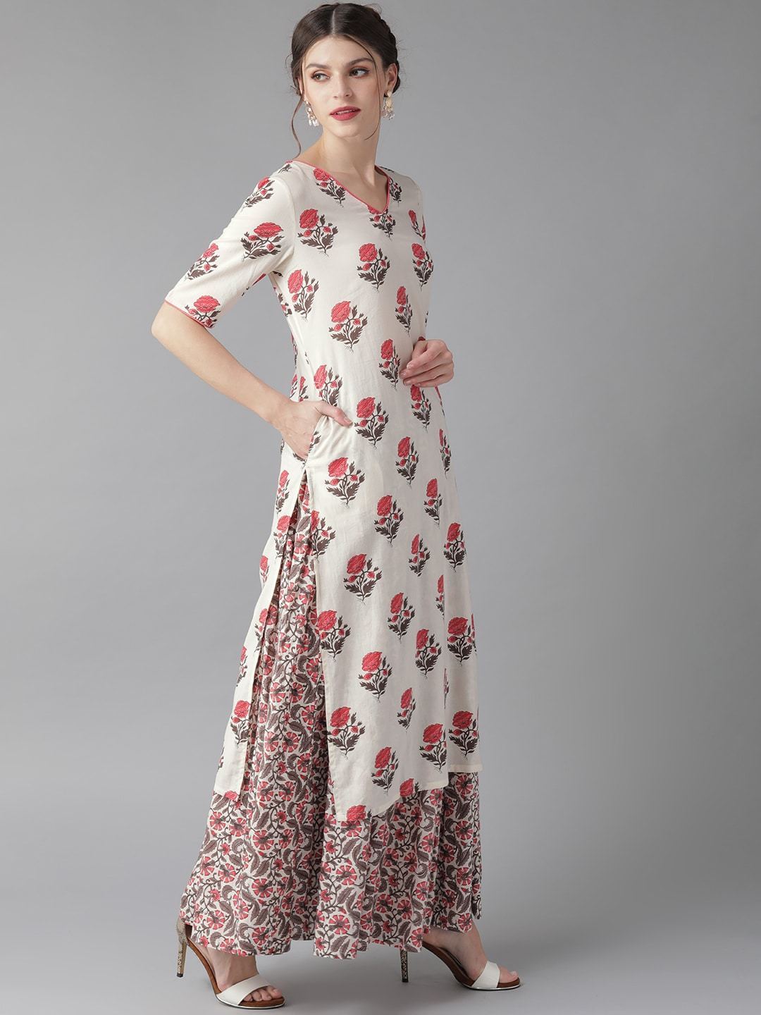 Women's  White & Pink Screen Print Kurta with Skirt